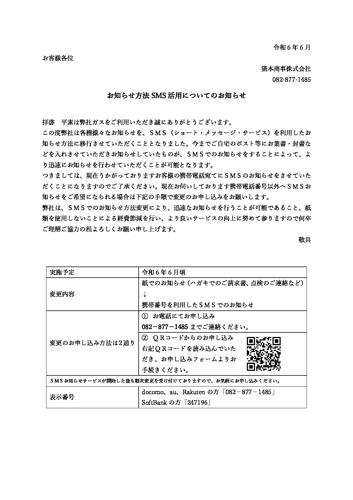 SMS活用についてのお知らせ」 | 猫本商事株式会社